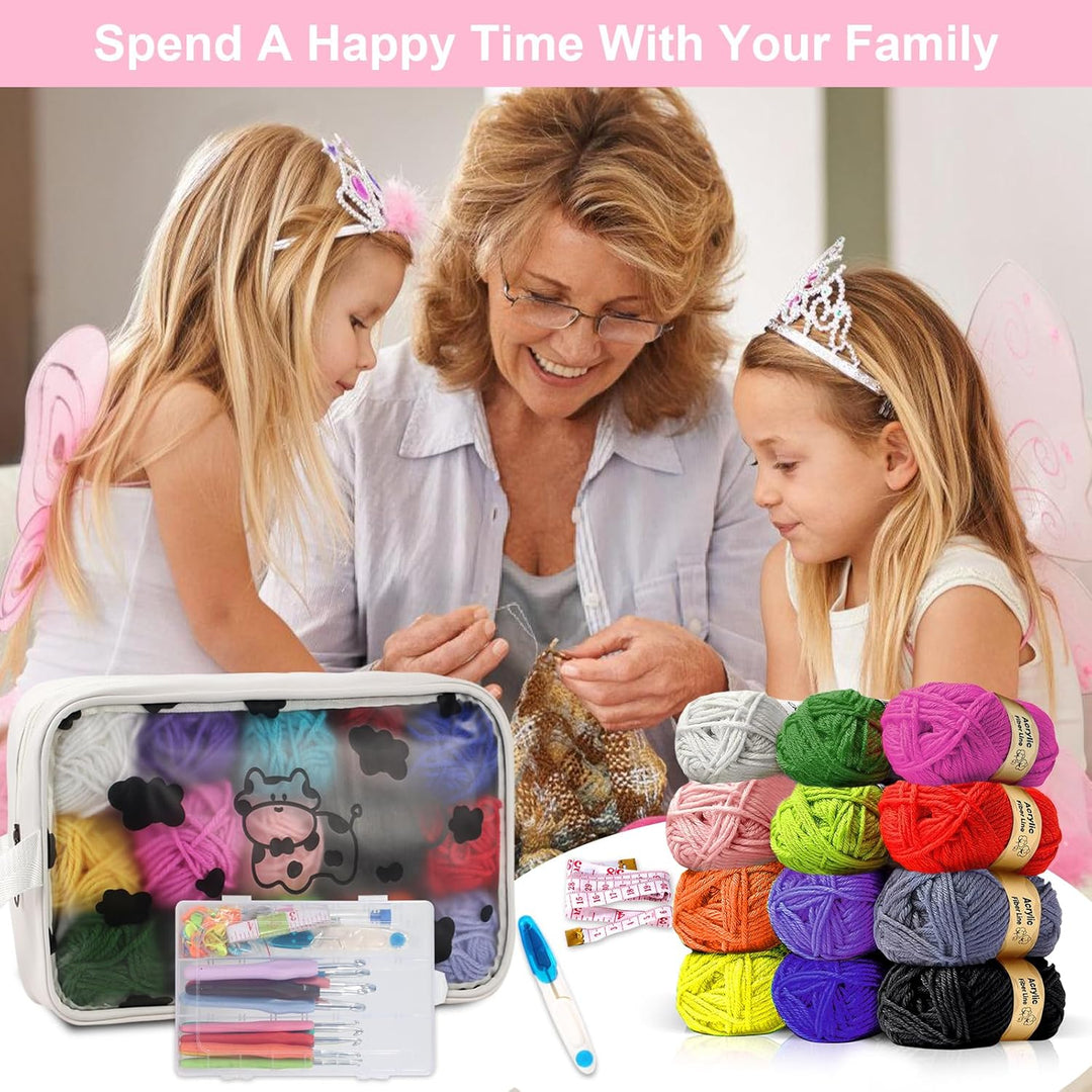 7CDXD Häkelset, Häkelset Set für Anfänger, Strickset enthält 12 Spulen Häkelgarn, 14 Häkelnadeln, 4