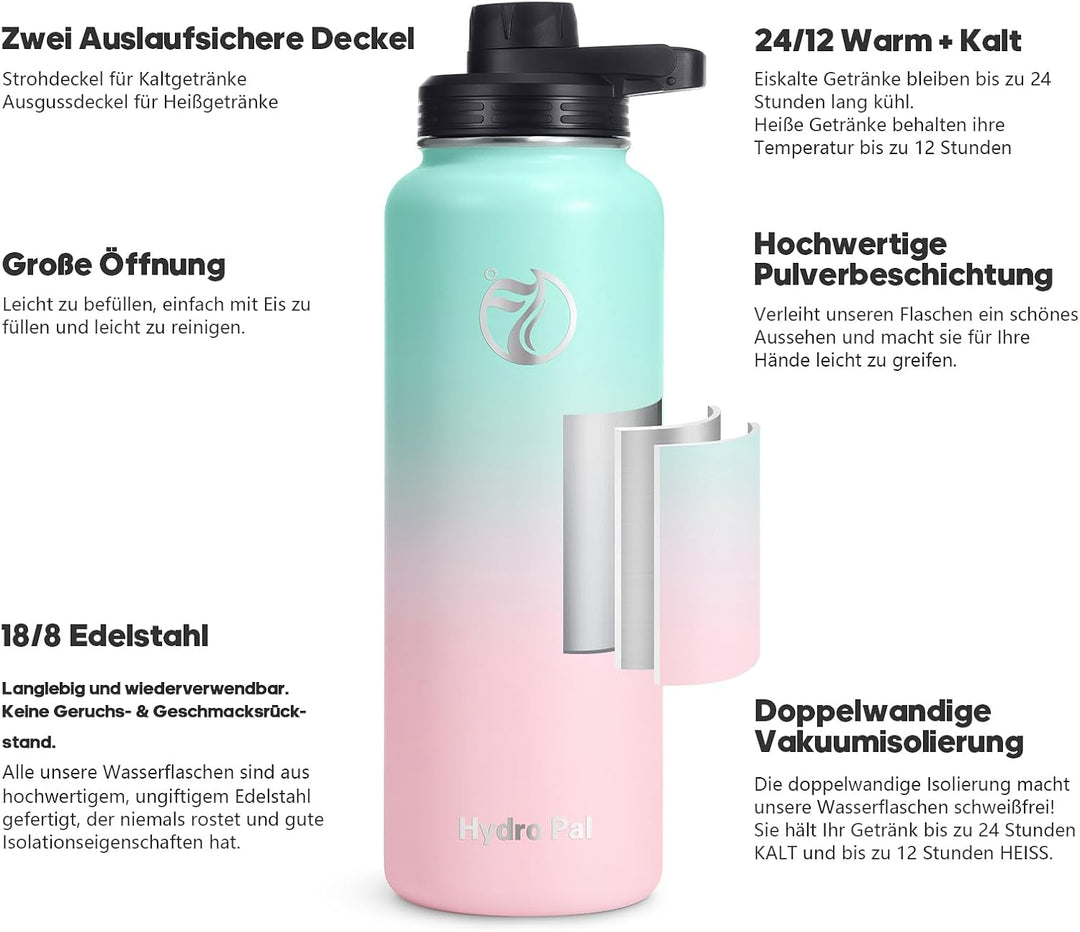 HydroPal Edelstahl Trinkflasche - 750ml, 1L, 1,2L, BPA-Frei, Kohlensäure geeignet, Isolierte Thermos