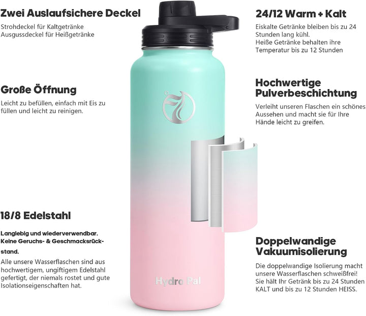 HydroPal Edelstahl Trinkflasche - 750ml, 1L, 1,2L, BPA-Frei, Kohlensäure geeignet, Isolierte Thermos
