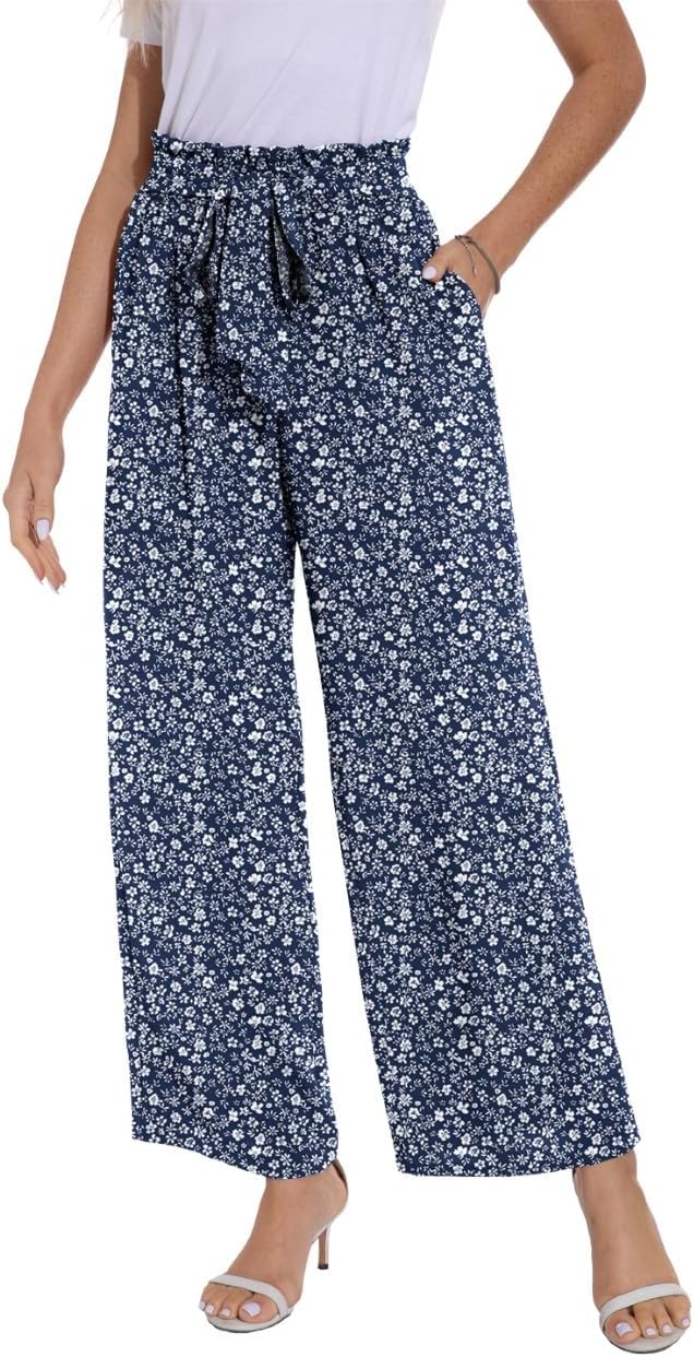 PrinStory Damen Hose Mit Weitem Bein Leichte Elastische Taille Sommer Hose Mit Taschen Kausale Arbei