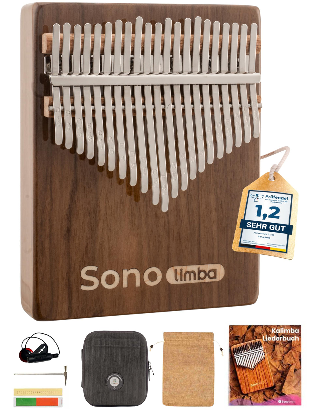 Kalimba "Sonolimba" mit 21 Schlüsseln in C - Dur aus Walnussholz - Daumenklavier inkl. Set mit Liede