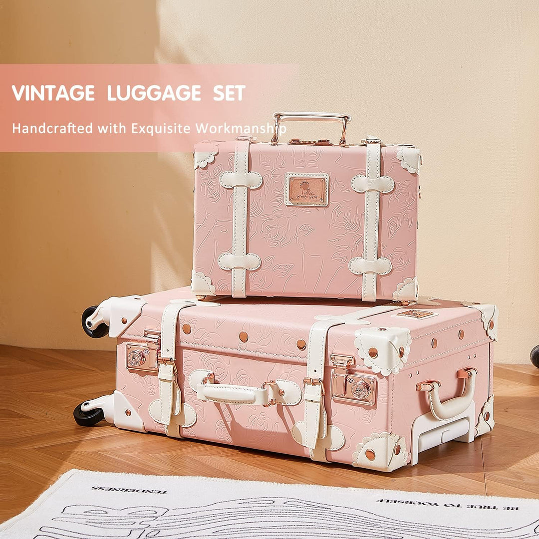 Unitravel Vintage Koffer Set 2 Teilig, Retro PU-Leder Handgepäck Koffer mit Kosmetikkoffer, Geprägte