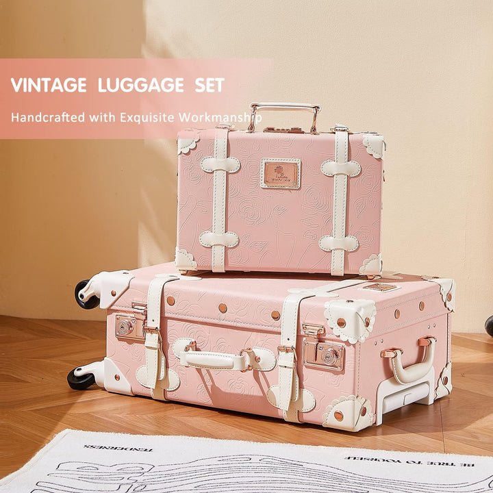 Unitravel Vintage Koffer Set 2 Teilig, Retro PU-Leder Handgepäck Koffer mit Kosmetikkoffer, Geprägte
