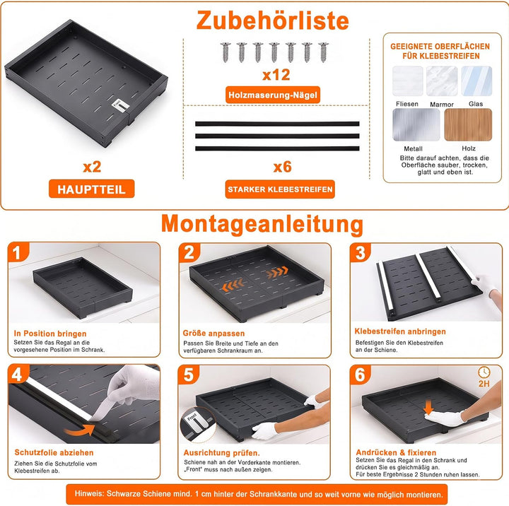 2 Stück Teleskopschublade Ausziehbar Küche Schublade: Breite Verstellbar 32-53 cm Mit Selbstklebende