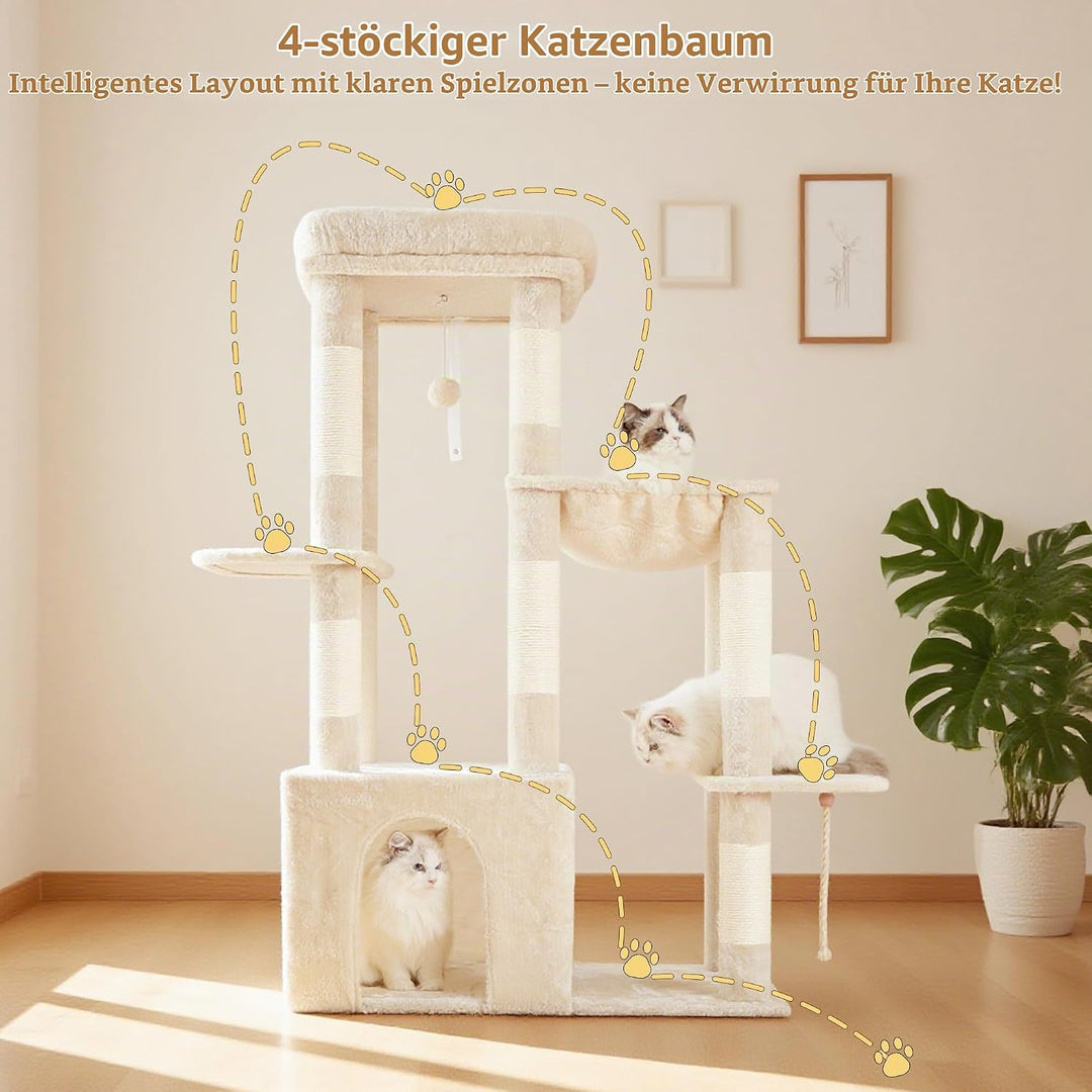 Heybly Kratzbaum 120cm - Grosser Katzenbaum für Erwachsene Katzen mit XL-Basis, Katzenwohnung mit Me