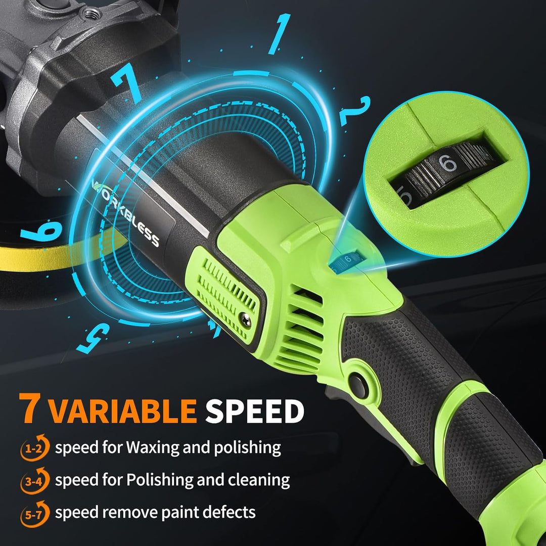 WORKBLESS Poliermaschine Auto, 1600W, 7 Variable Geschwindigkeit, 1600-3500 U/min, Autopolitur Set m