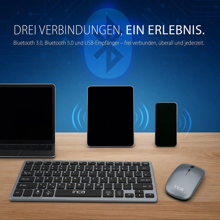 Bluetooth Tastatur Maus Set inca IBK-572BT – Kabellos, Wiederaufladbar, 2,4GHz & Bluetooth 5.0 – Kom