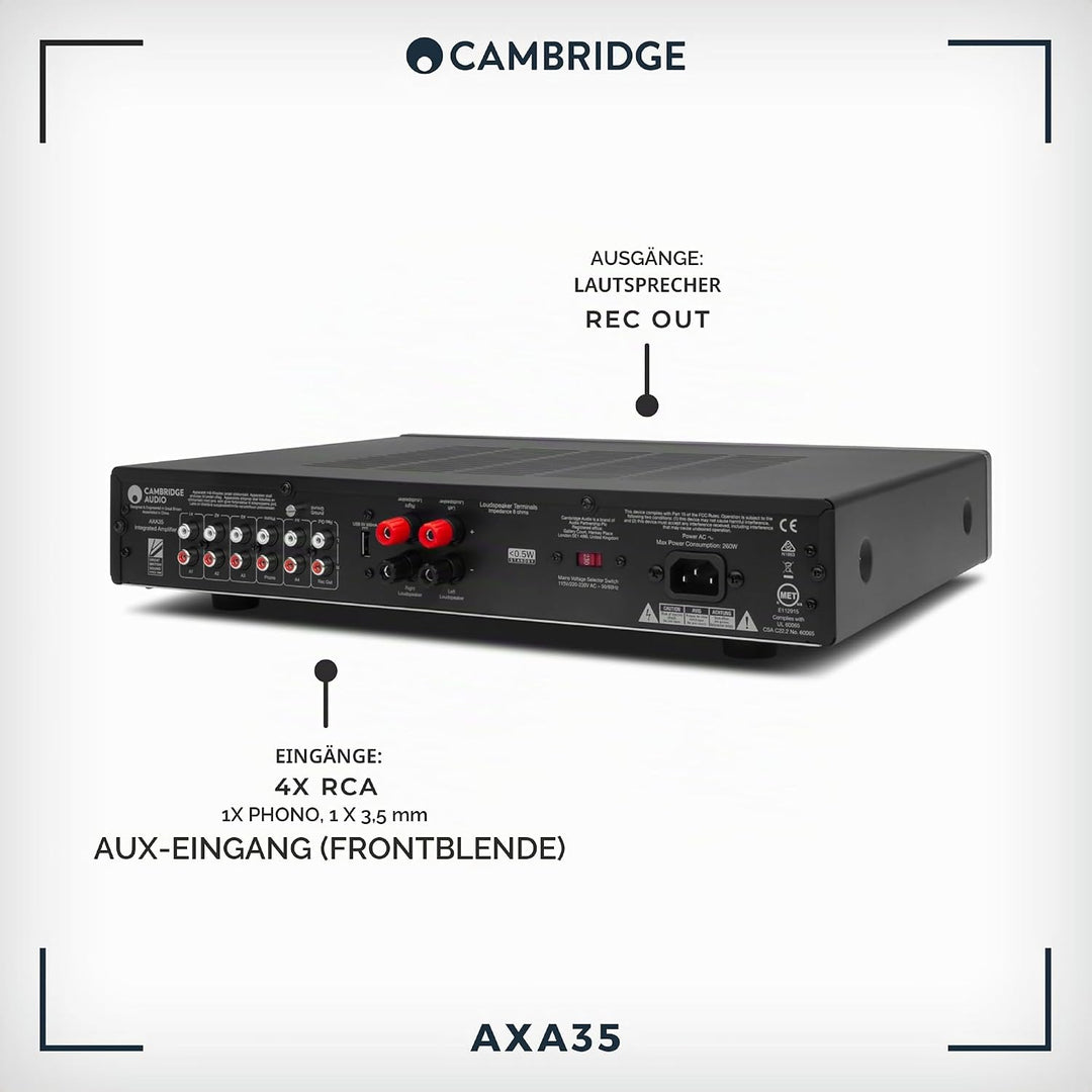 Cambridge Audio AXA35 Audio-Verstärker, 35 W, 0,01%, 82 dB, 47000 Ω, 5–50000 Hz, Klemmanschlüsse