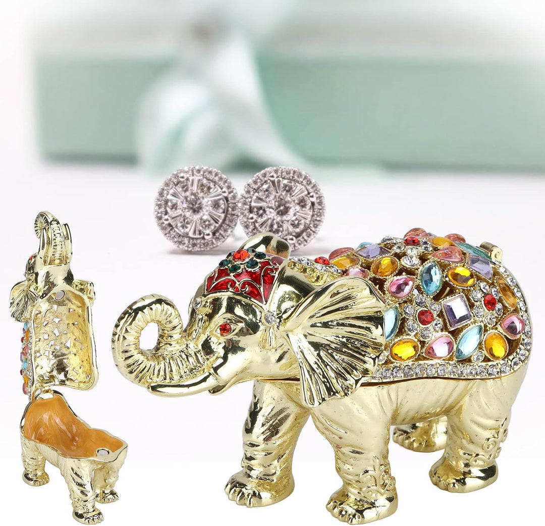 Handbemalte Emaille-Schmuckschatulle „Glücklicher Elefant“, mit Strasssteinen aufklappbare Schmucksc
