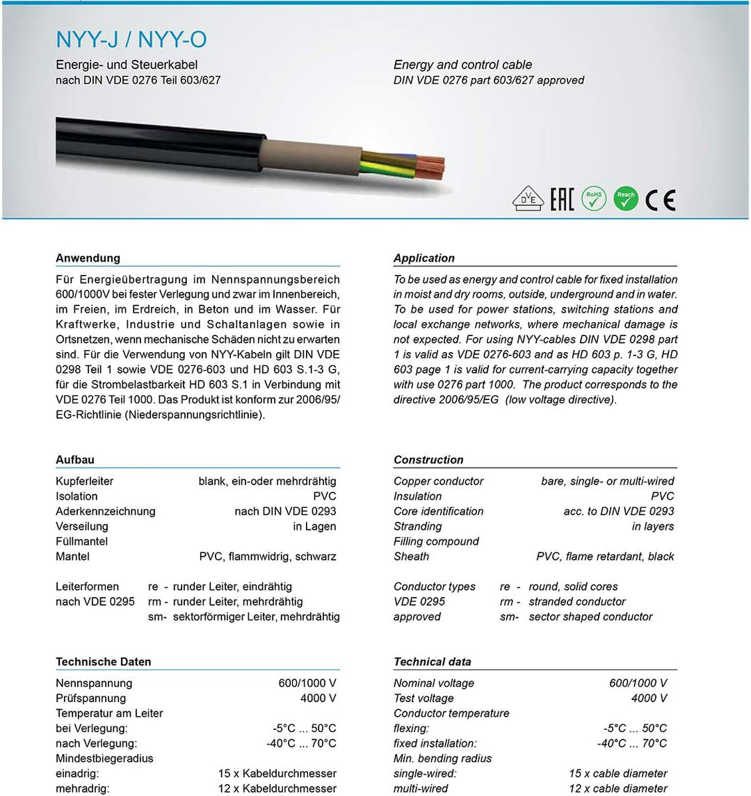M&amp;G Techno 25m NYY-J 3x2,5 mm² Erdkabel Elektrokabel Beton und Freien Kupfer Made in Germany Schwarz