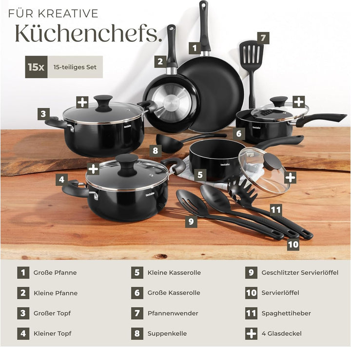 tectake® 15tlg Set mit 5x Küchenhelfer, 2x Pfanne, 4x Topf, jeweils mit Deckel, Kochtopf Set Antihaf