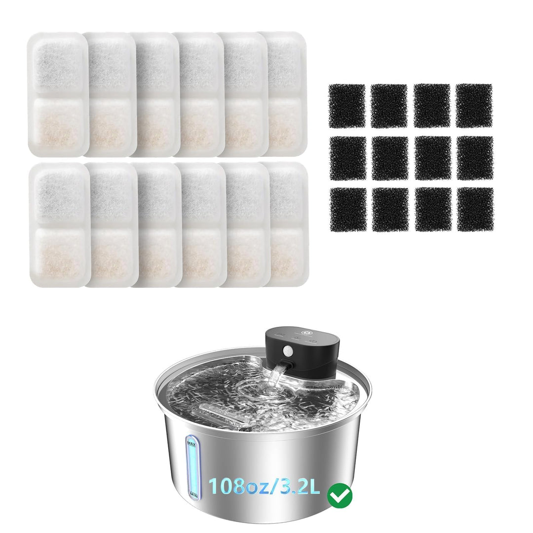 12 Stück Katzenwasserbrunnenfilter &amp; 12 Stück Pumpenfilterschwämme Ersatz für [PF03] – 12 Filter + 1