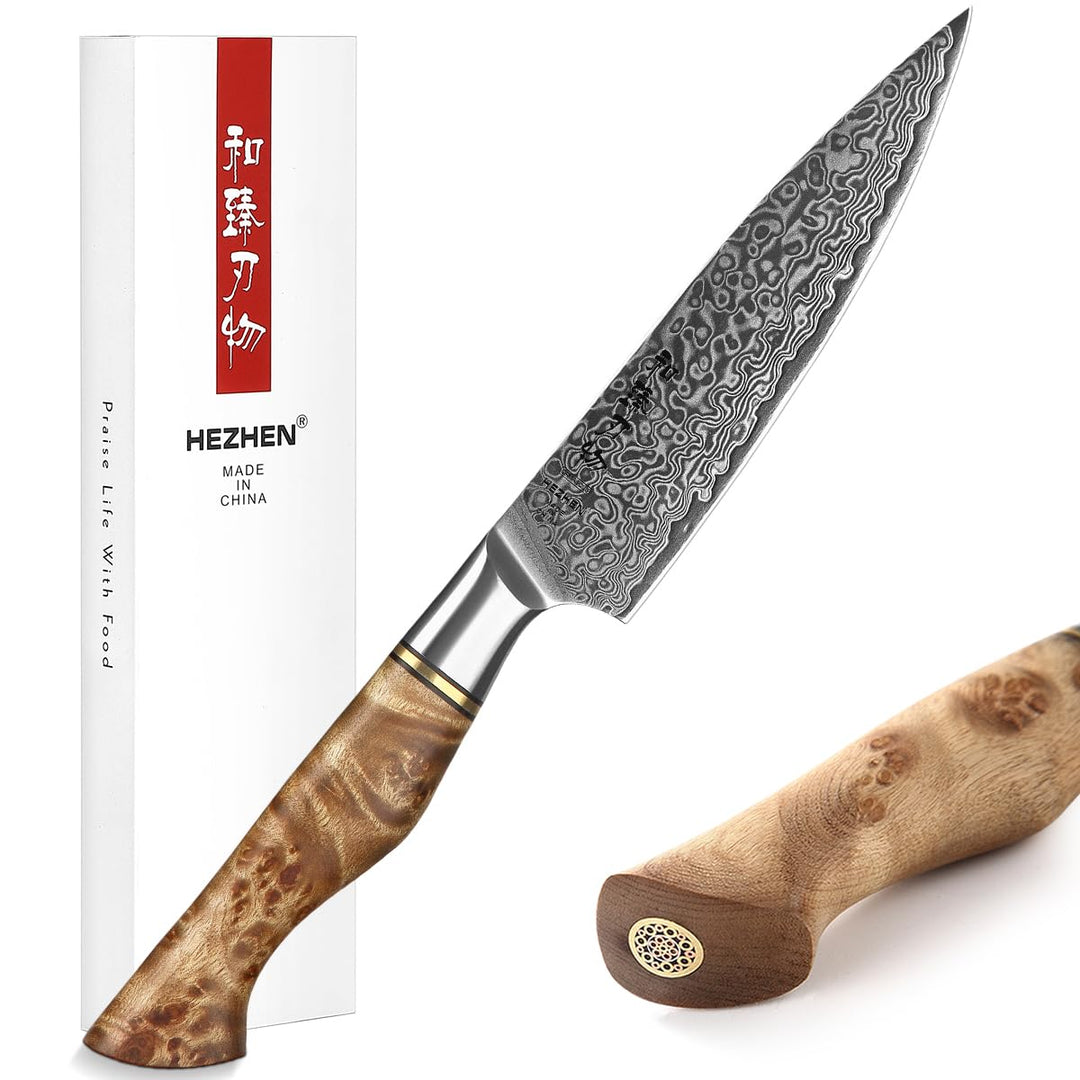 HEZHEN 12.5cm Universalmesser,scharfe Klinge-Damaskus Stahl Rosenmuster-Multifunktionales VG10 Gemüs