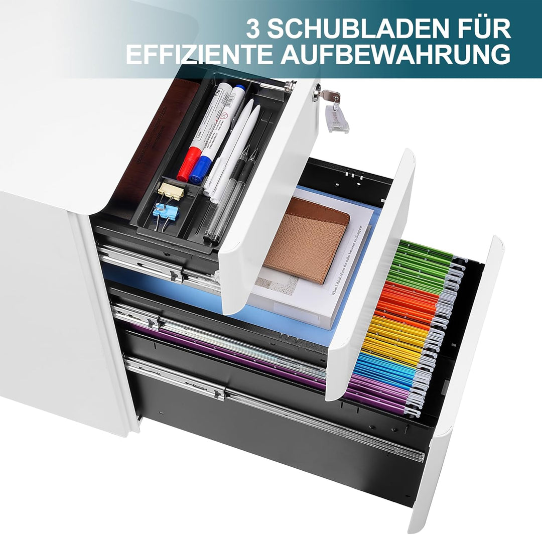 LVSTEEL Rollcontainer, Aktenschrank, Schubladenschrank, Büroschrank aus Metall, Vormontiert, Abschli