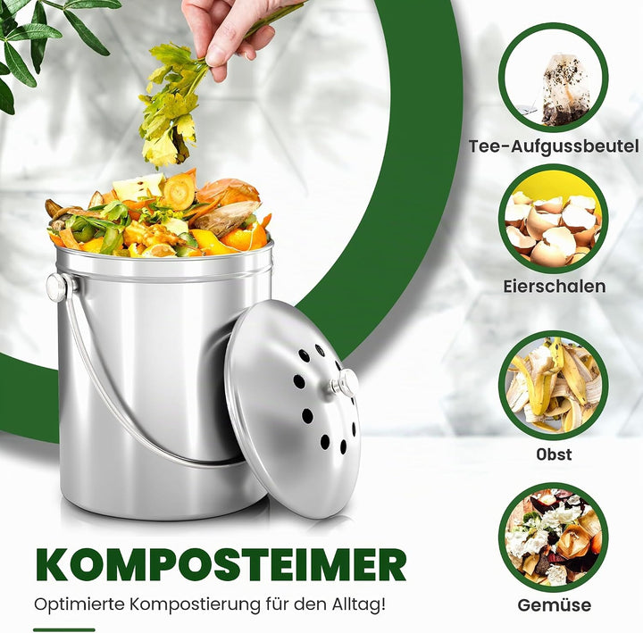 Premium-Qualität Edelstahl Kompostbehälter Komposteimer 1,3 Gallonen, Inklusive Kohlefilter - von Ut