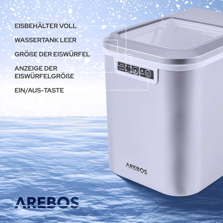 Arebos Eiswürfelmaschine | Ice Cube Maker | 12 kg / 24 h | 10-15 Minuten Produktionszeit | 2 Eiswürf