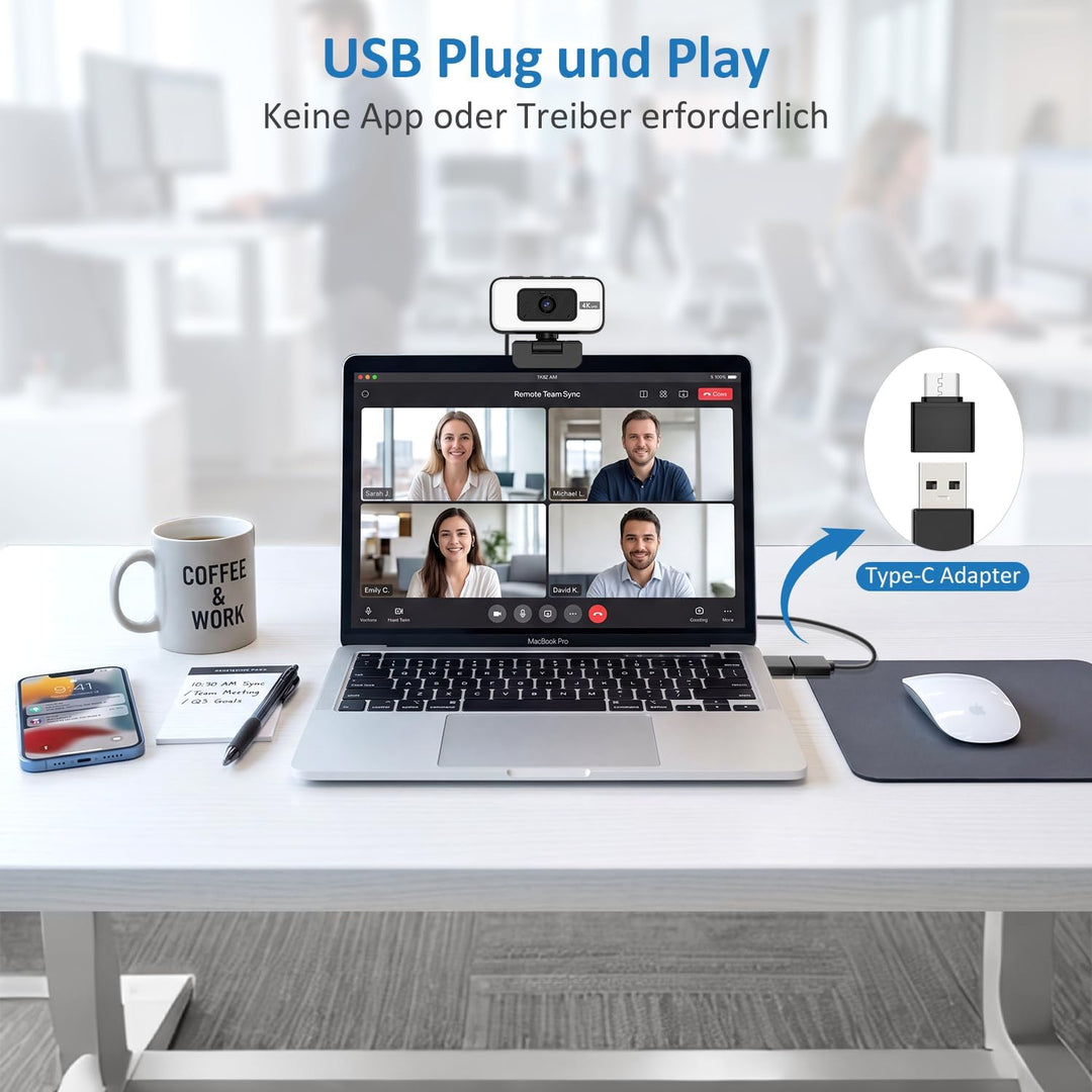 4K Webcam mit Licht & Zoom, USB Computer Kamera mit Mikrofon, Privatsphäre-Abdeckung & Anti-Stör-Lic