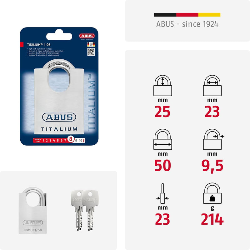 ABUS Titalium Vorhängeschloss 96CSTI/50 gl.-7565 - gleichschliessend - leichter Schlosskörper aus ma