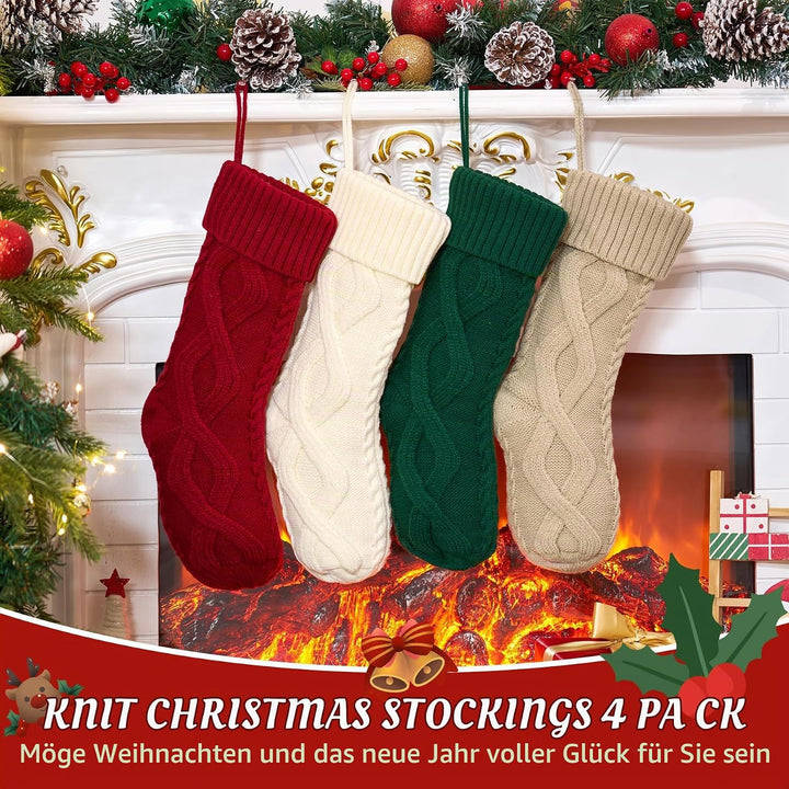 Weihnachtsstrümpfe, 4 Stück, gestrickt, Burgunderrot, Grün, Familien-Ornament, Strümpfe, Kamin, Weih