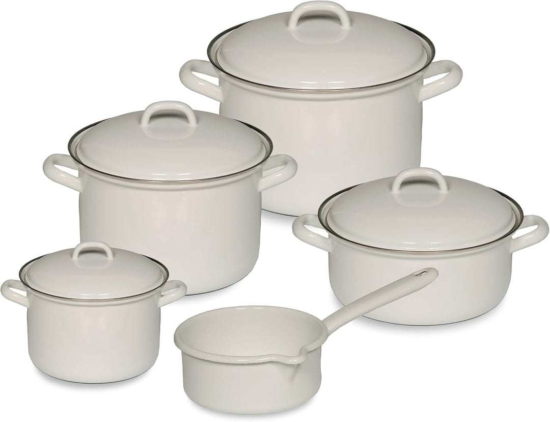 Riess, 0547-033, Kochtopf-Set, 5-teilig, Weiss, 1l+2l+2,5l+4,5l Töpfe+ 0,75l Stielkasserolle, Topfse