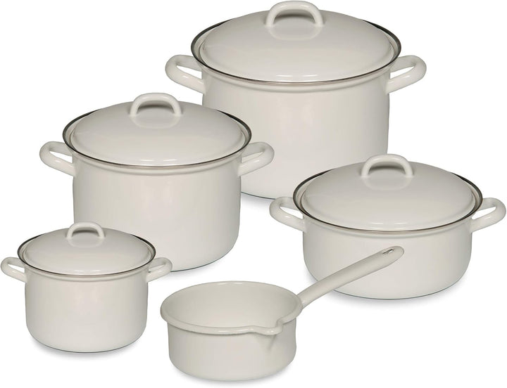 Riess, 0547-033, Kochtopf-Set, 5-teilig, Weiss, 1l+2l+2,5l+4,5l Töpfe+ 0,75l Stielkasserolle, Topfse