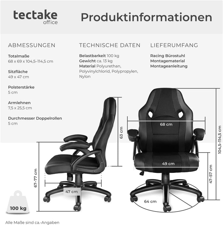tectake® Gaming Stuhl, Bürostuhl ergonomisch, Racing Bürostuhl, Chefsessel mit Wippfunktion und Arml