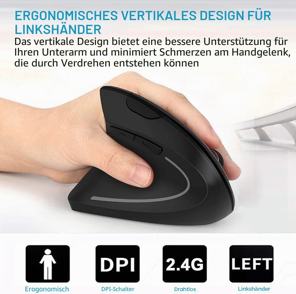 Ergonomische Funkmaus für Linkshänder, Vertikale Kabellose Maus DPI 800/1200/1600 Einstellbar mit US