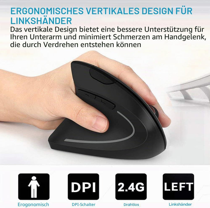 Ergonomische Funkmaus für Linkshänder, Vertikale Kabellose Maus DPI 800/1200/1600 Einstellbar mit US