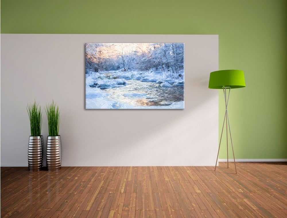 Pixxprint Bach in Winterlandschaft Pinsel Effekt, Format: 100x70 auf Leinwand, 100x70