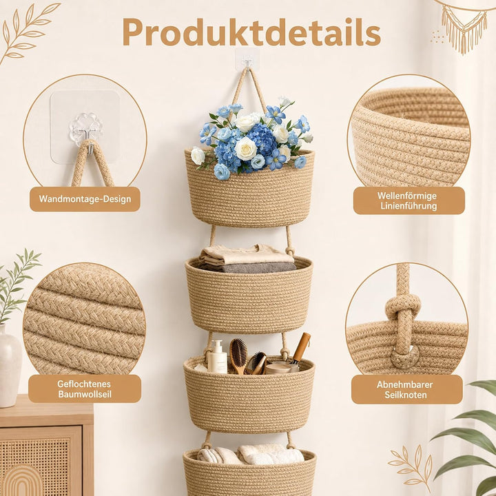Organizer Wand Hängend Korb, 4-stöckige Baumwollseil Hängeorganizer, Boho Hängekörbe Organizer mit H