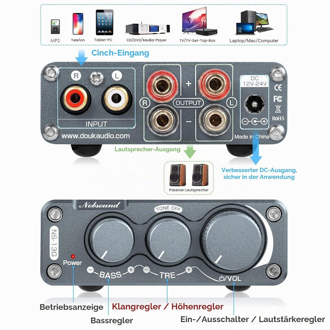 [2021 Upgraded] Nobsound Hi-Fi 100W×2 Digital Power Amplifier Stereo Verstärker with Treble Bass Con