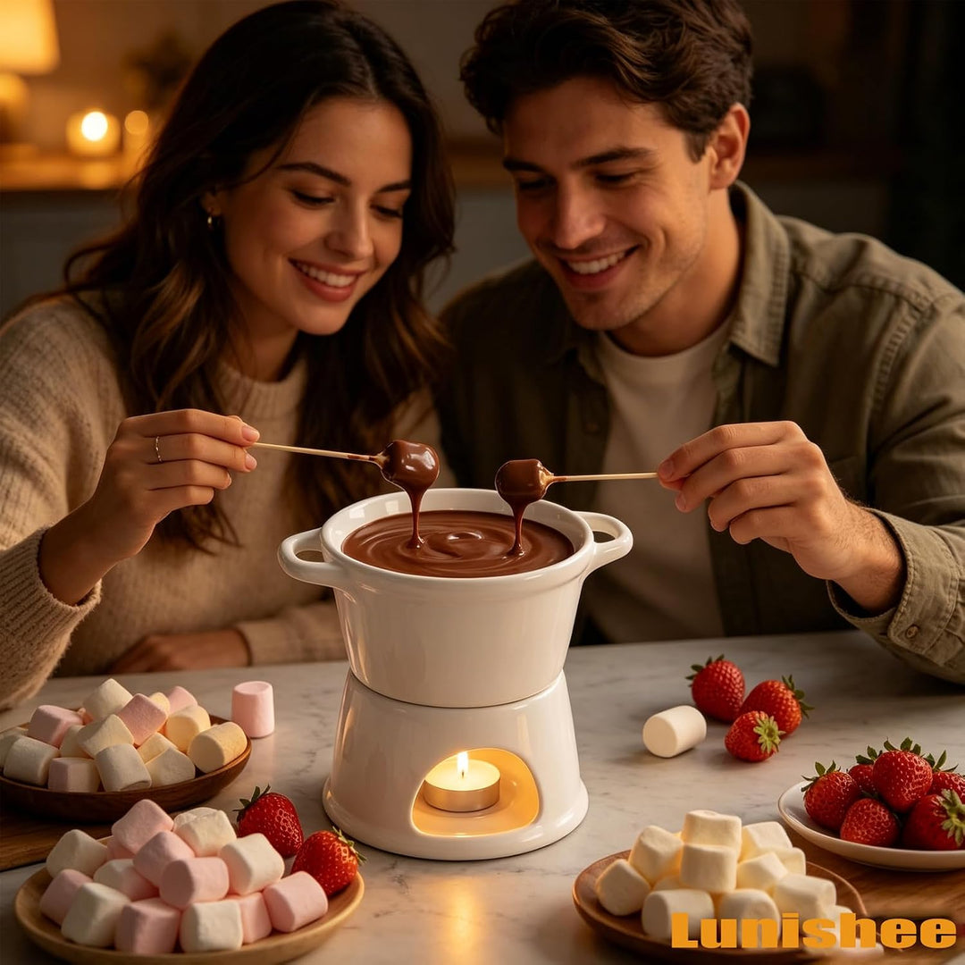 Schokofondue mit Doppelgriff, Schokofondue Tasse mit Gabeln, Keramik Fondue Tasse, Schokoladenfondue