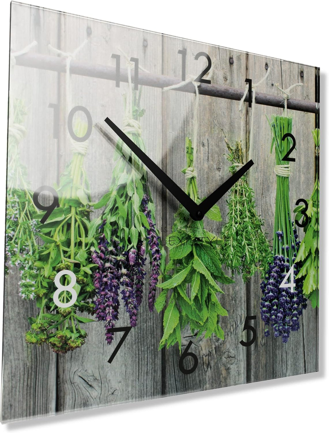 FLEXISTYLE Wanduhr küche Wohnzimmer 30 x 30 cm, aus Glas, mit Direktdruck eckig modern (PFLANZENBÜND
