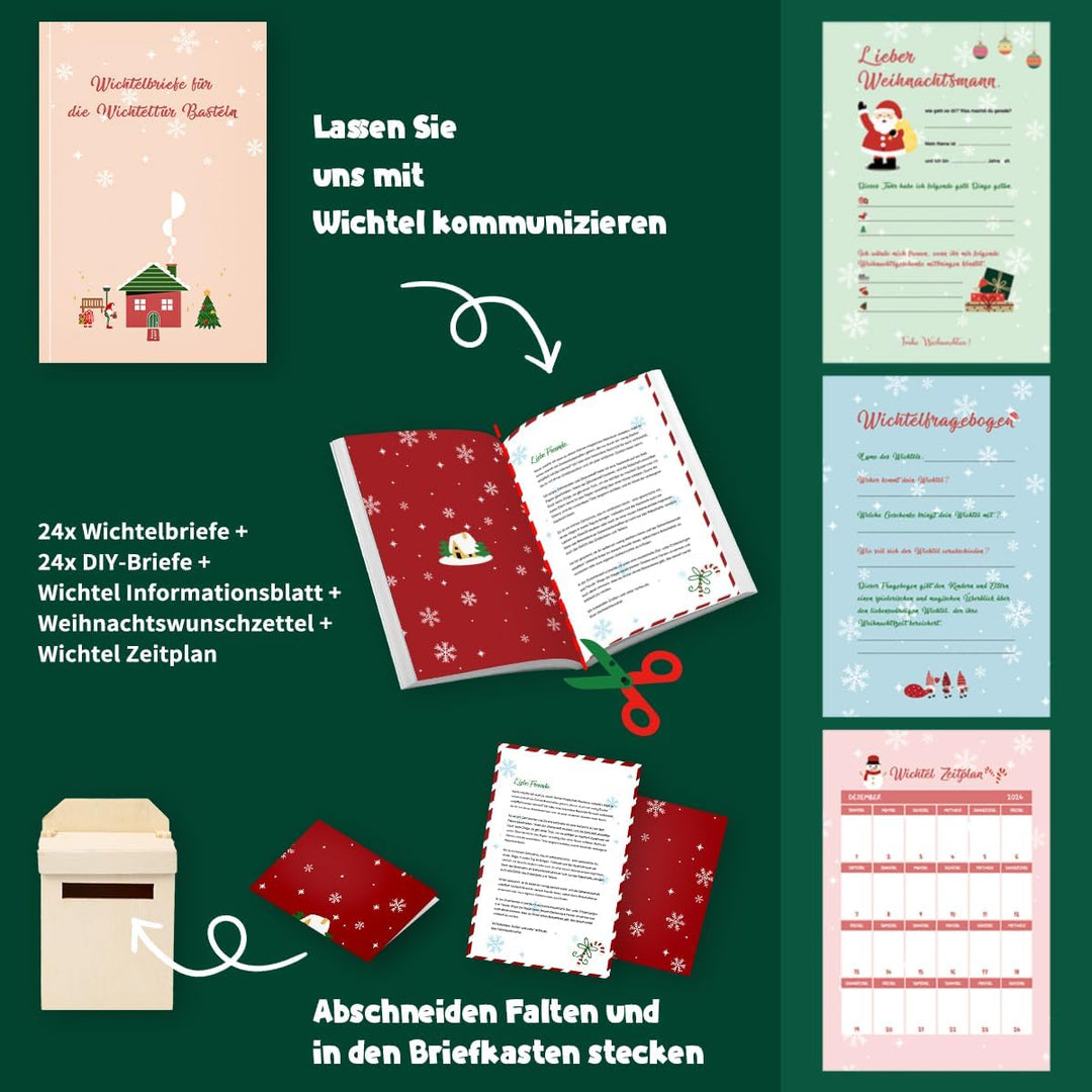 WILDPARTY 64Pcs Wichteltür Zubehör Weihnachten mit Briefen, Miniatur Feentür Leuchtend Komplettset,