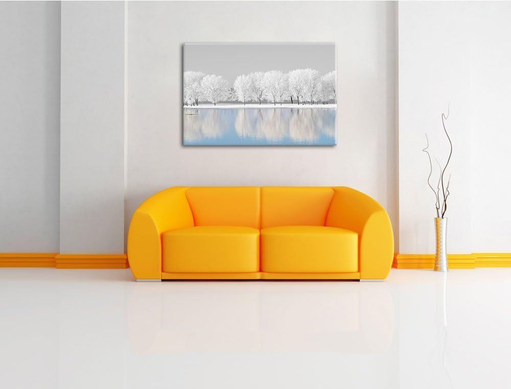 schneebedeckte Bäume an einem See schwarz/weiss Format: 100x70 auf Leinwand, XXL riesige Bilder fert