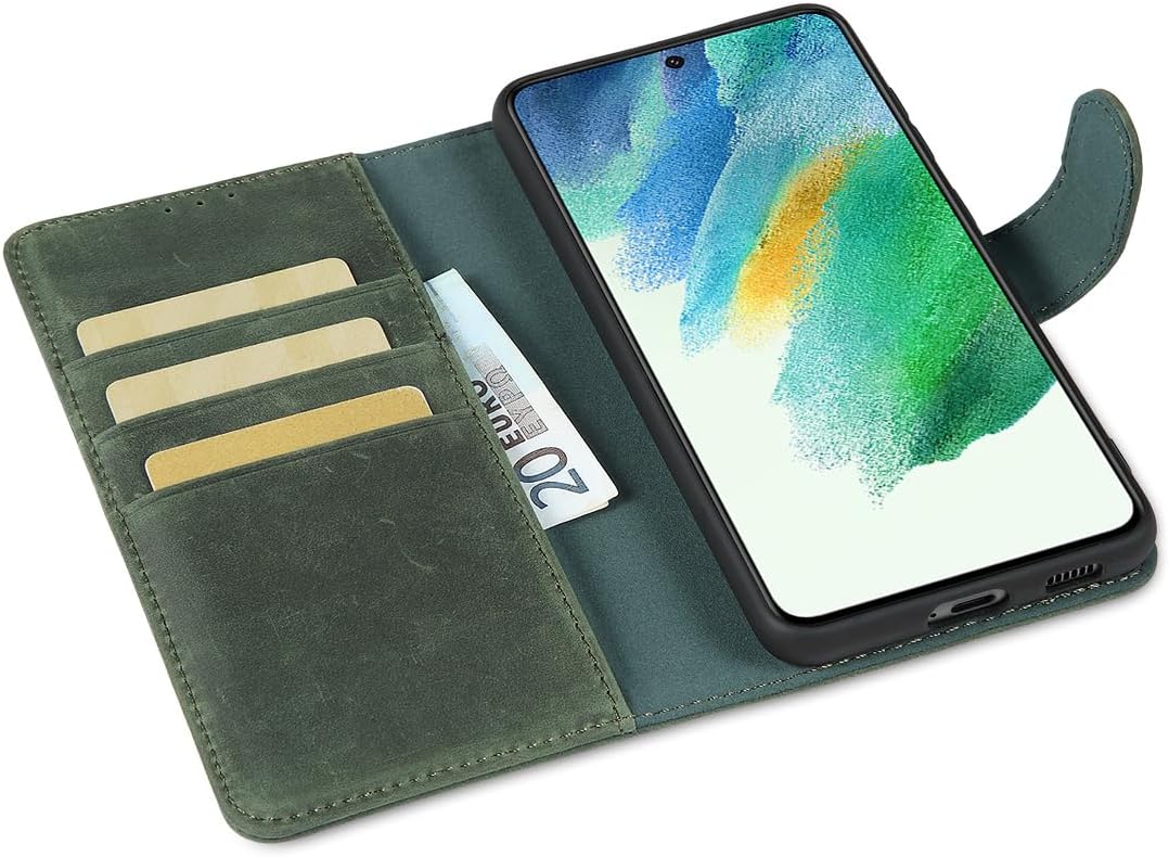 LENSUN Echtleder Hülle für Samsung Galaxy S21 FE, Handyhülle [Echtes Leder][Magnetverschluss][Karten