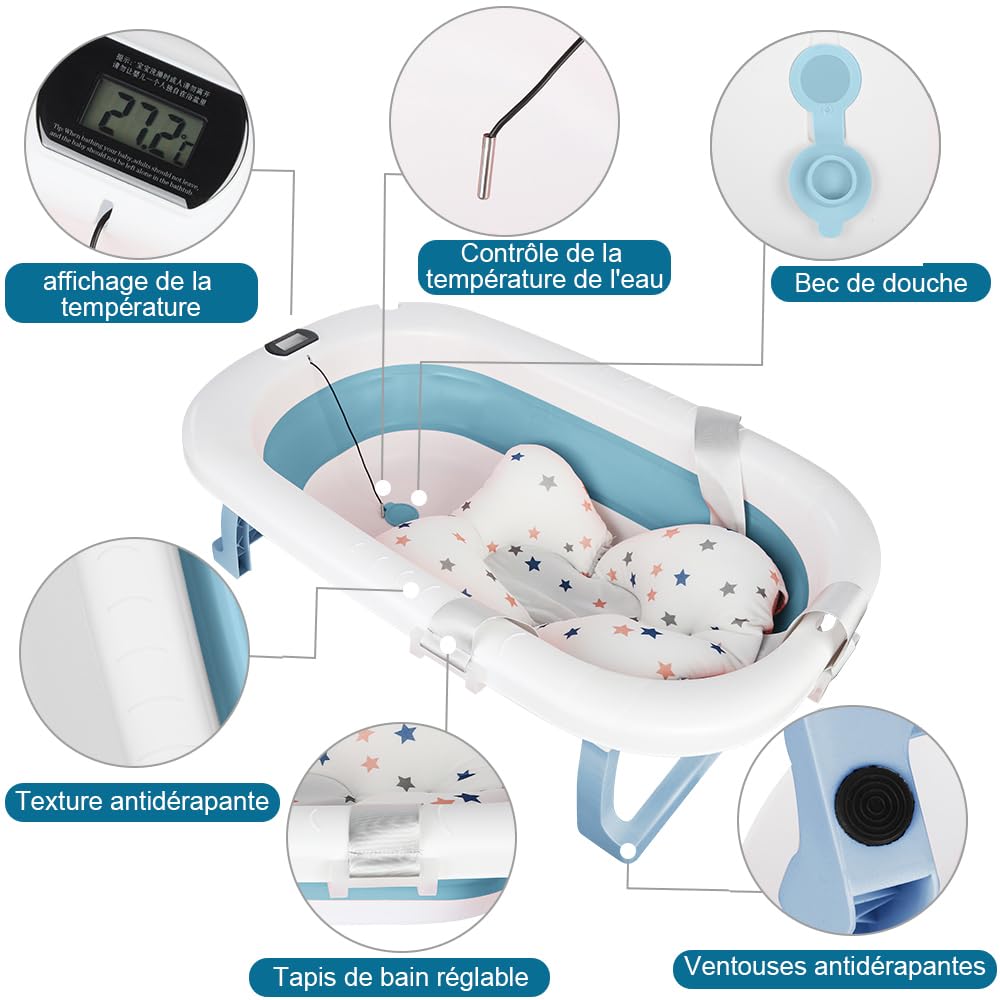 Flexible Babybadewanne mit Temperaturanzeige, Duschkissen, Duschstecker, rutschfeste Füsse, faltbare