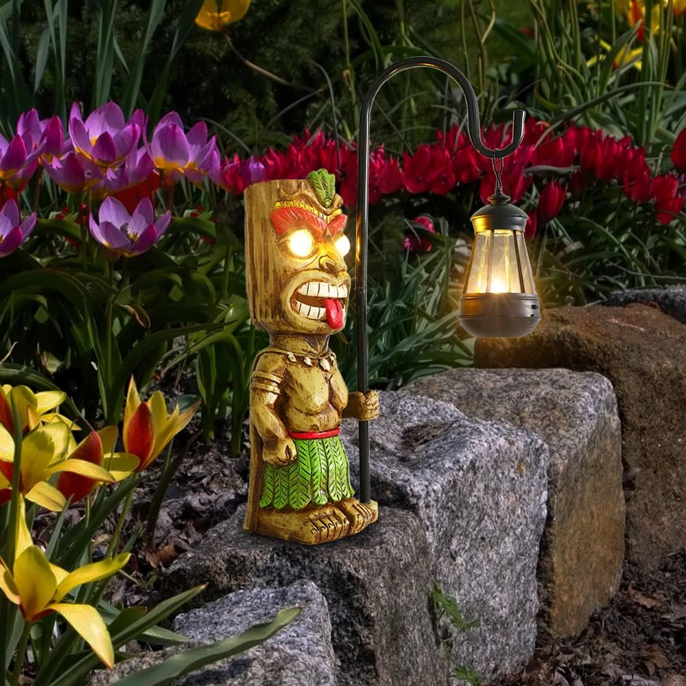 MIBUNG Verbesserte Tiki Dekor Gartenstatue, Grosse Tiki Figur mit Solar Laterne Lichter, Hawaiian Tr