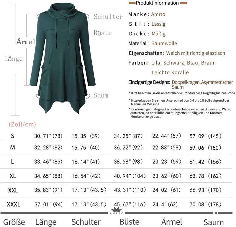 Amrto Damen Tunika Tops Turtleneck Langarm Shirts Bluse Hemd Pullover Mit Taschen, 