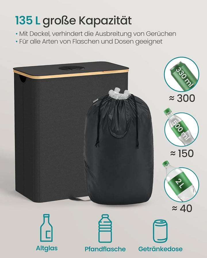 SONGMICS Pfandflaschen-Sammelbehälter, 135 L Pfandflaschen-Behälter, Flaschensammler Leergut, Recycl