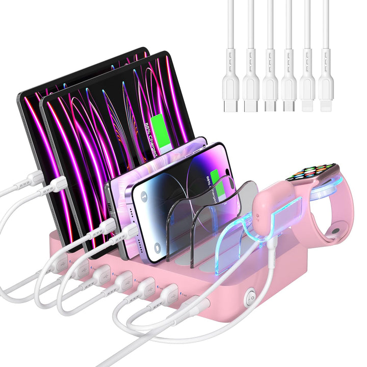SooPii USB-Ladestation Organizer für mehrere Geräte, 6 Ports 50W Ladestation mit 6 Kabeln und aktual
