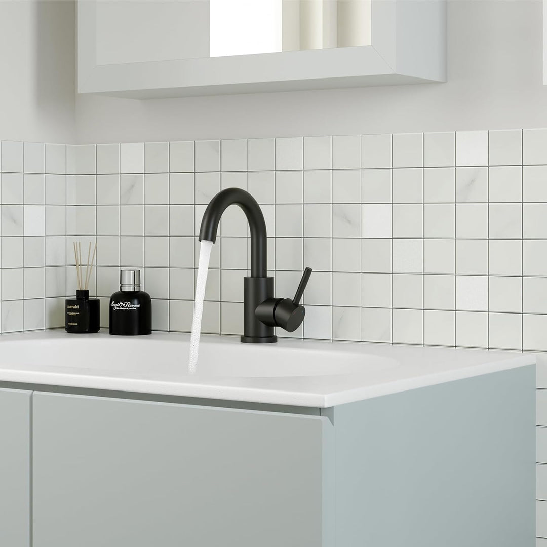 Wasserhahn Bad Schwarz, Wasserhahn Küche Edelstahl, 360° Drehbar Waschtischarmatur Hoch, Einhebelmis