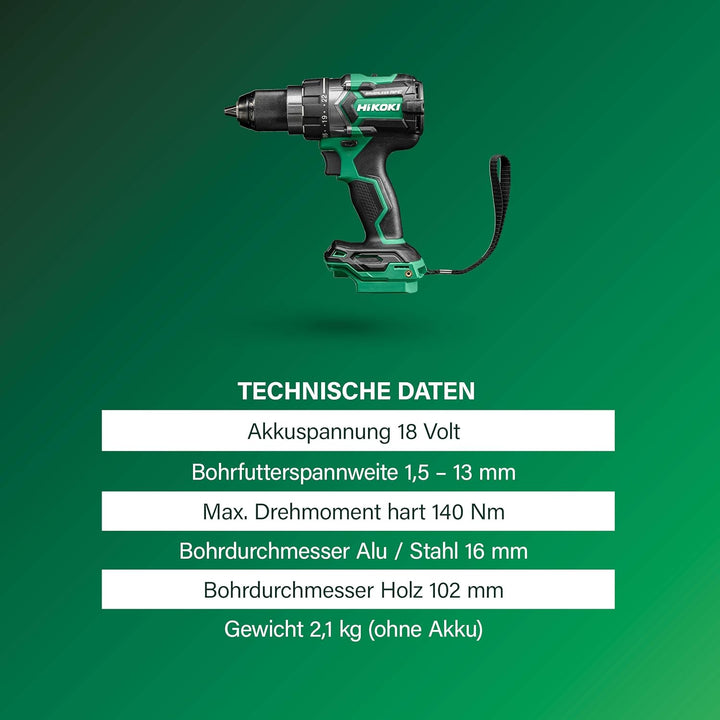 HiKOKI Akku Bohrschrauber DS18DC (18V, Li-Ion, Leerlaufdrehzahl 0-2000 u/min, Max. Festdrehmoment 14