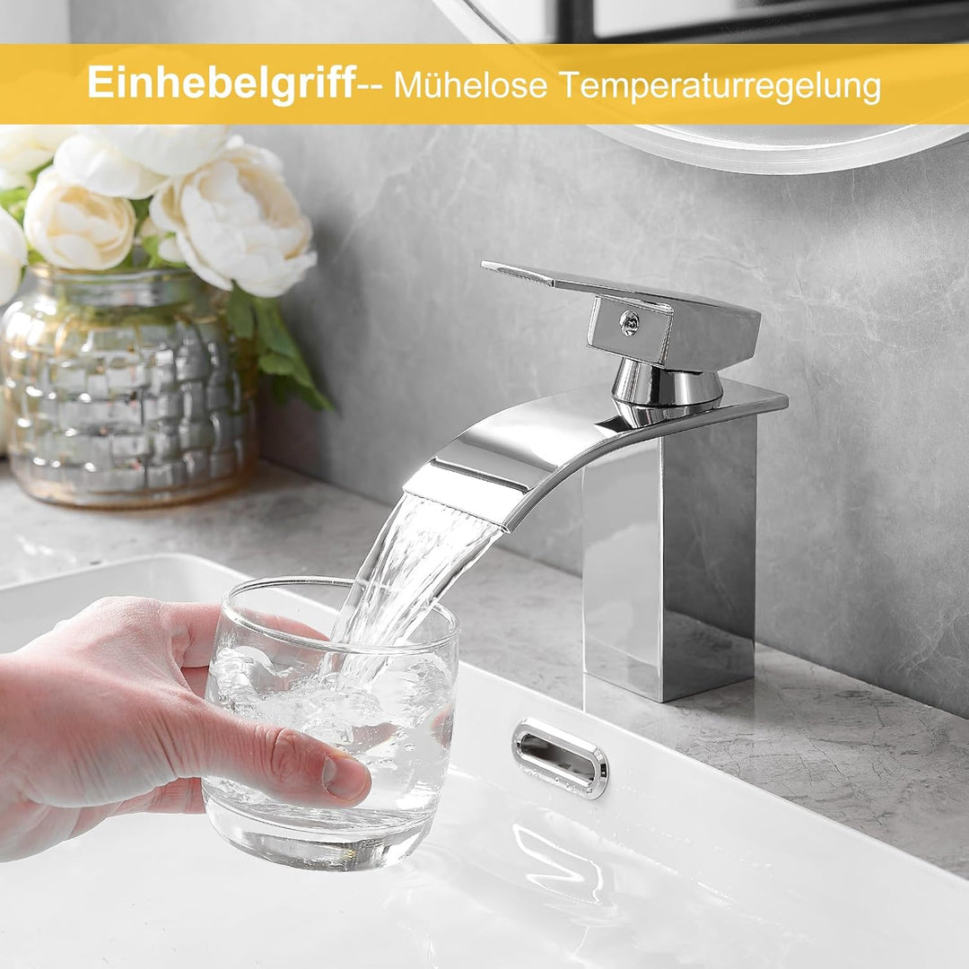 BESy Wasserfall Waschtischarmatur aus Edelstahl, Waschbecken Wasserhahn mit Auslauf Höhe 82mm, Einhe