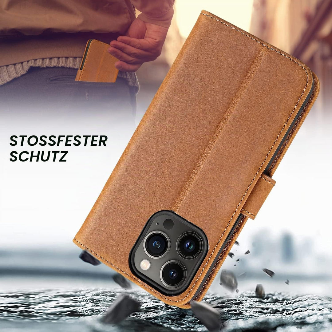 LENSUN Echtleder Hülle für iPhone 13 Pro, Handyhülle [Echtes Leder][Magnetverschluss][RFID Schutz] H