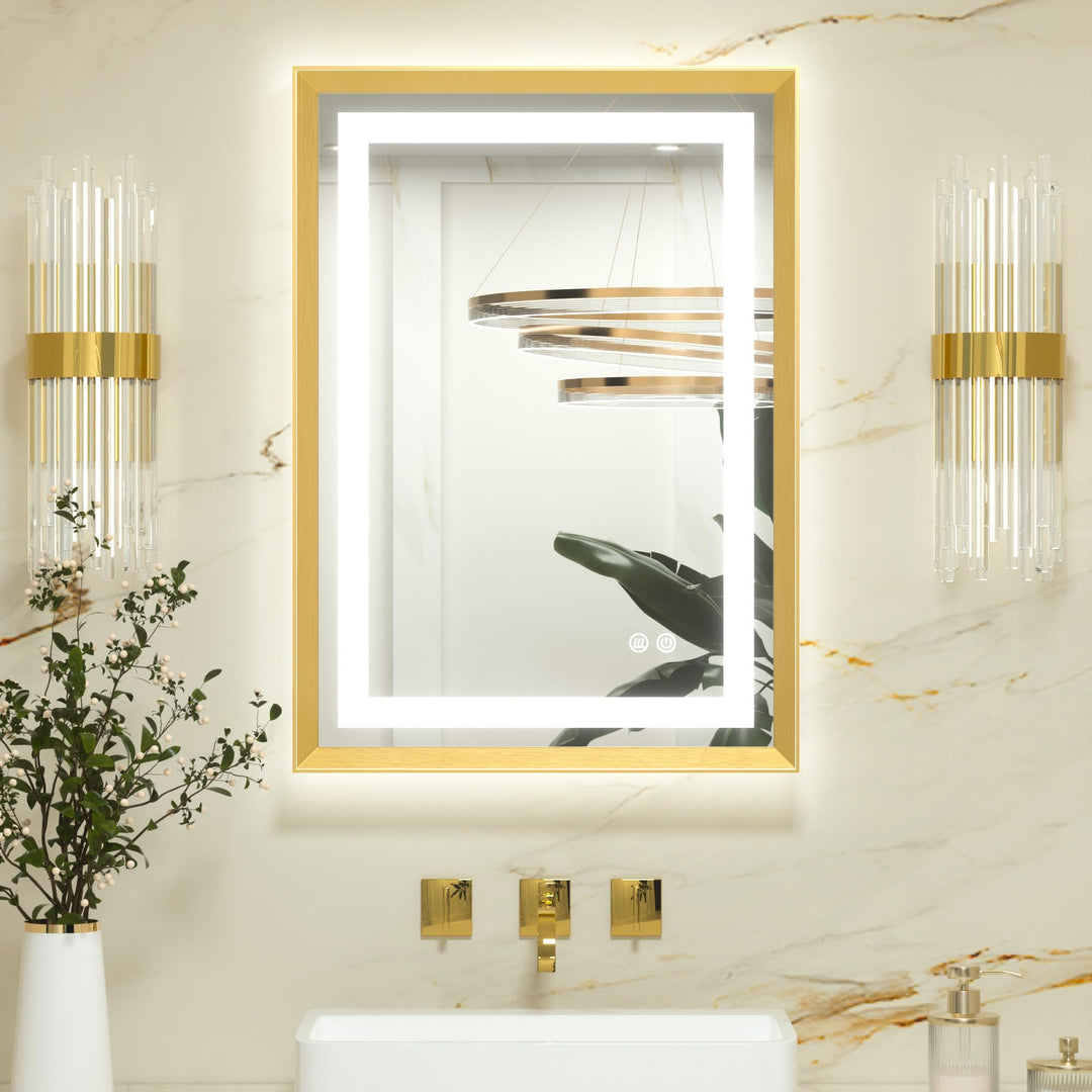 Keonjinn Badspiegel mit Beleuchtung Gold Metallrahmen 50x70cm, Badezimmerspiegel Beleuchtet Beschlag