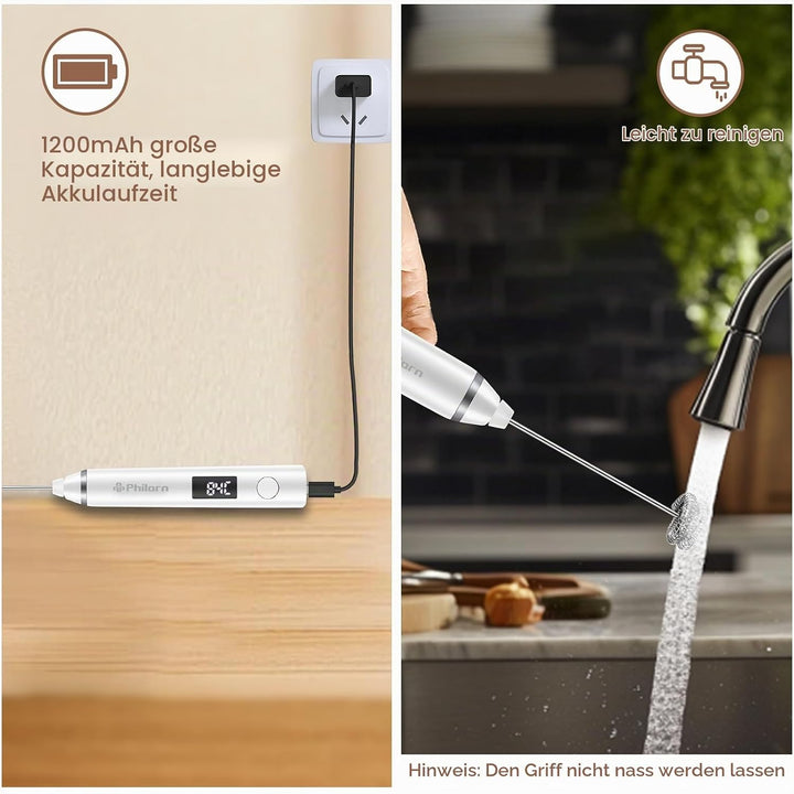 Philorn Elektrischer Milchaufschäumer Stab USB-C aufladbar mit LCD-Batterieanzeige -2 Aufsätzen, 3 S