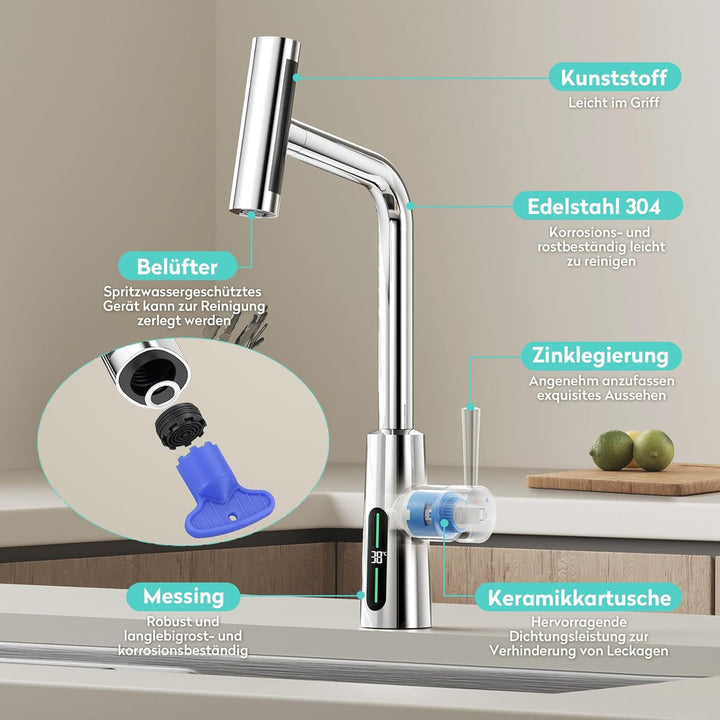 KAIYING Wasserhahn Küche Ausziehbar mit Temperaturanzeige (Batterielos), Hochdruck Wasserfall Küchen