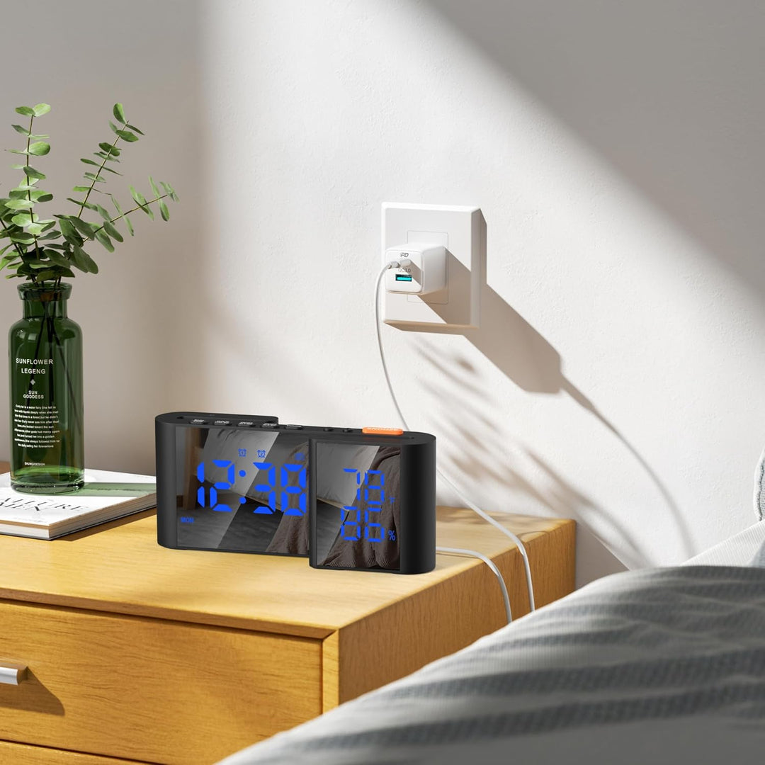 Lancoon Digitaler Radiowecker 6'' Spiegel LED Uhr mit Luftfeuchtigkeit und Temperatur Duale Alarmein