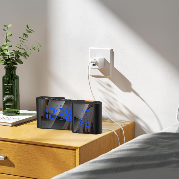 Lancoon Digitaler Radiowecker 6'' Spiegel LED Uhr mit Luftfeuchtigkeit und Temperatur Duale Alarmein